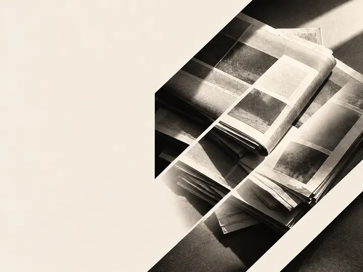 Stack of black and white newspapers crossed by diagonal cream stripes.