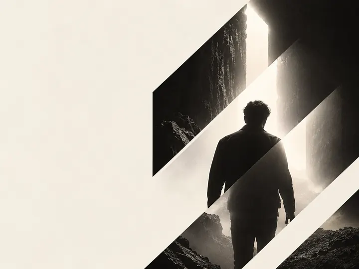 Silhouette of a person walking toward light, seen through diagonal stripes.
